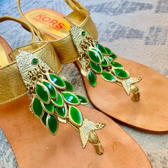 Gold Leather Heels with Gold and Green Metal Fish by KORS Michael Kors - Picture 3 of 9